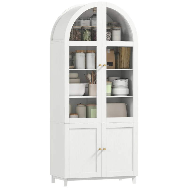 HOMCOM Armoire de cuisine, vaisselier vitrine avec 4 portes dont 2 en acrylique et étagères réglables, 78 x 40 x 180 cm, blanc
