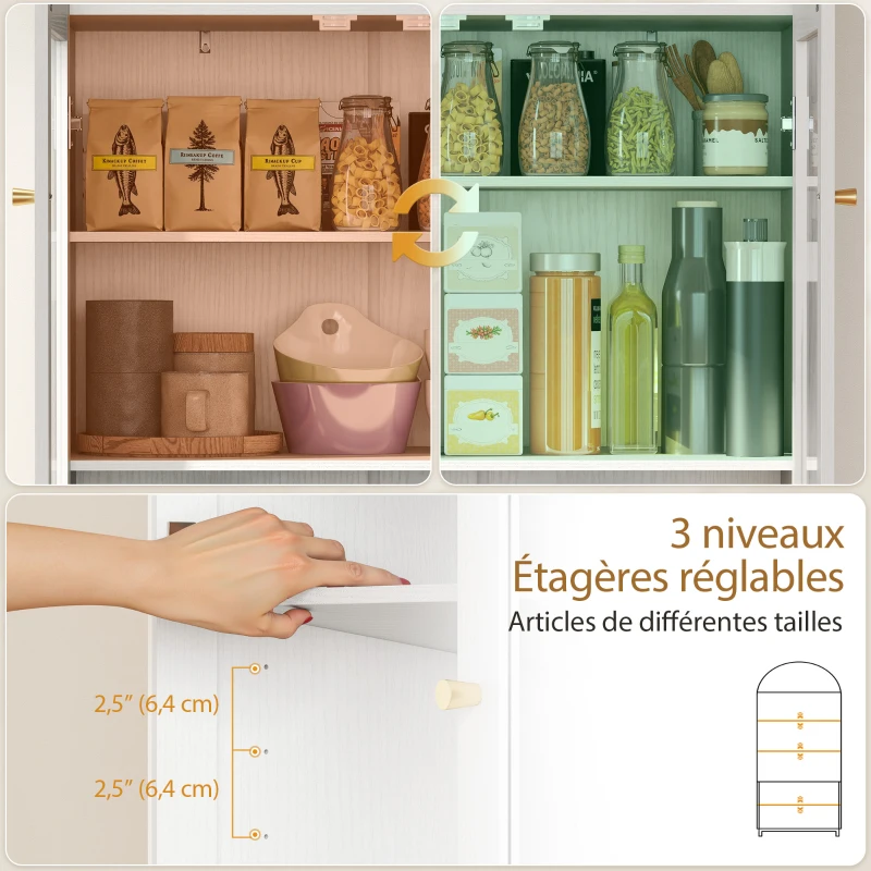 HOMCOM Armoire de cuisine, vaisselier vitrine avec 4 portes dont 2 en acrylique et étagères réglables, 78 x 40 x 180 cm, blanc