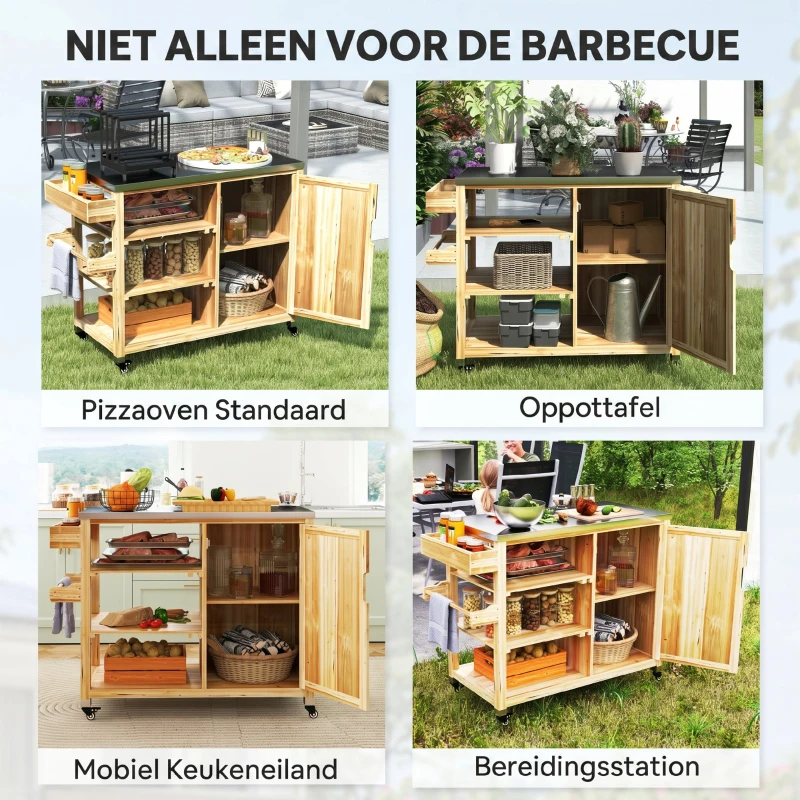 Outsunny Buitenkeuken Eiland, Grillwagen met Kast en Planken, Keukentrolley van Hout en Roestvrijstaal, Met Wielen, Natuurhout