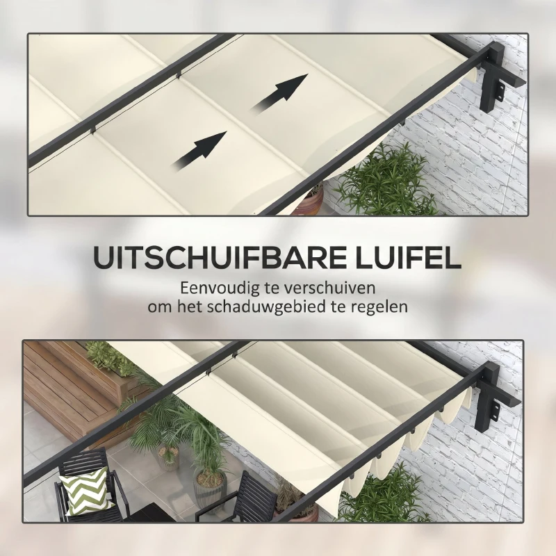 Outsunny Tuinpaviljoen 3 x 3m, uitschuifbaar dak, wandmontage, metalen frame, crèmewit