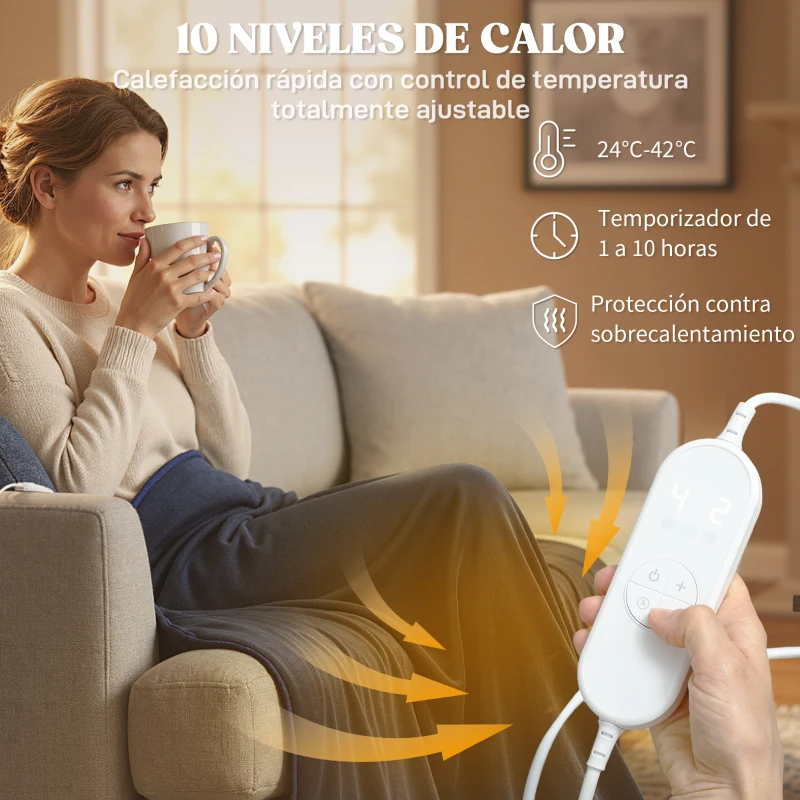 HOMCOM Manta Eléctrica de Coralina 180x130 cm 10 Niveles de Temperatura Temporizador Lavar a Máquina Pantalla LED Azul