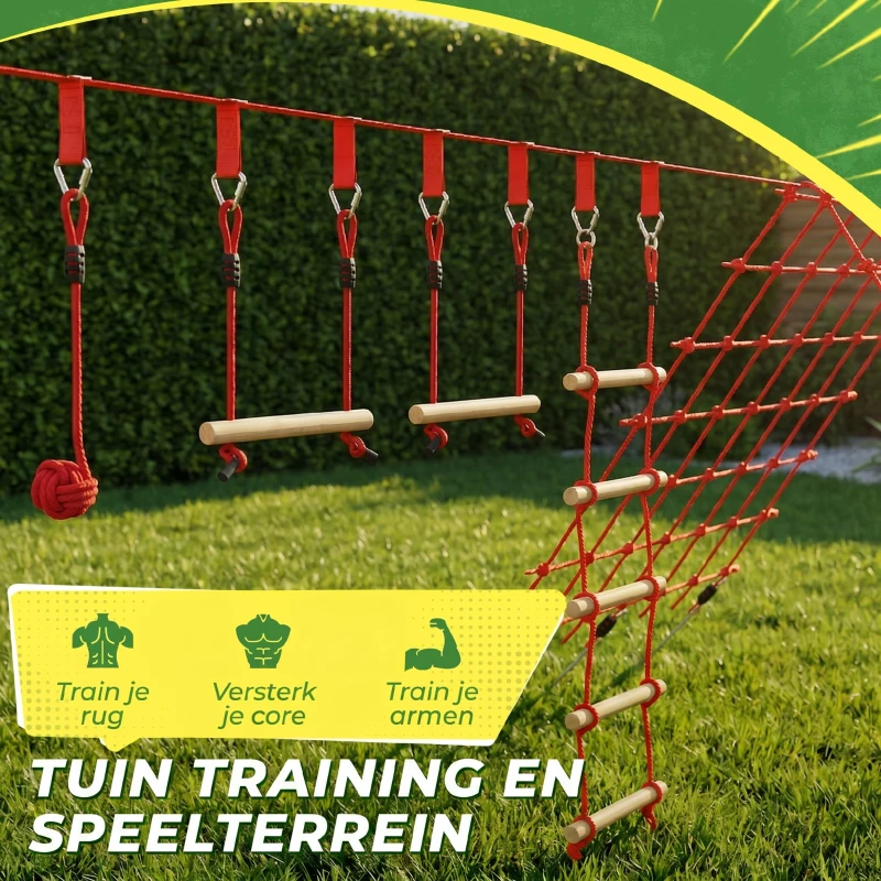 AIYAPLAY Ninja Line Kinderen 10m Slackline Set met turnringen schommel klimladder klimnet voor 3-6 jaar 1000x300x180 cm Rood