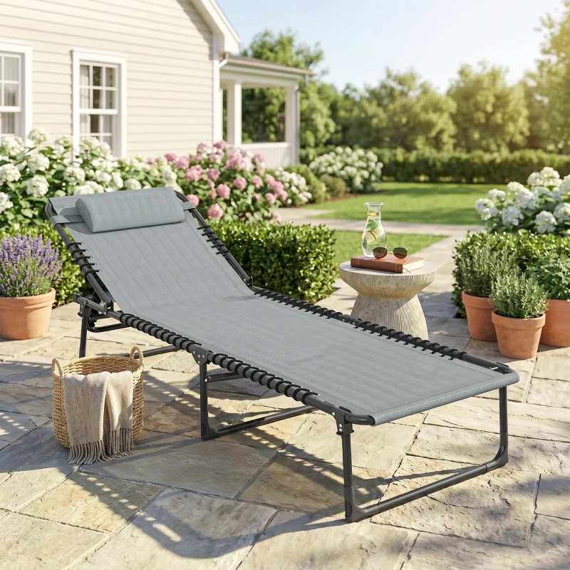 Outsunny Bain de Soleil transat Pliable Dossier inclinable Multi-Positions Acier thermoplastique Lacets élastiques Noir textilène Gris