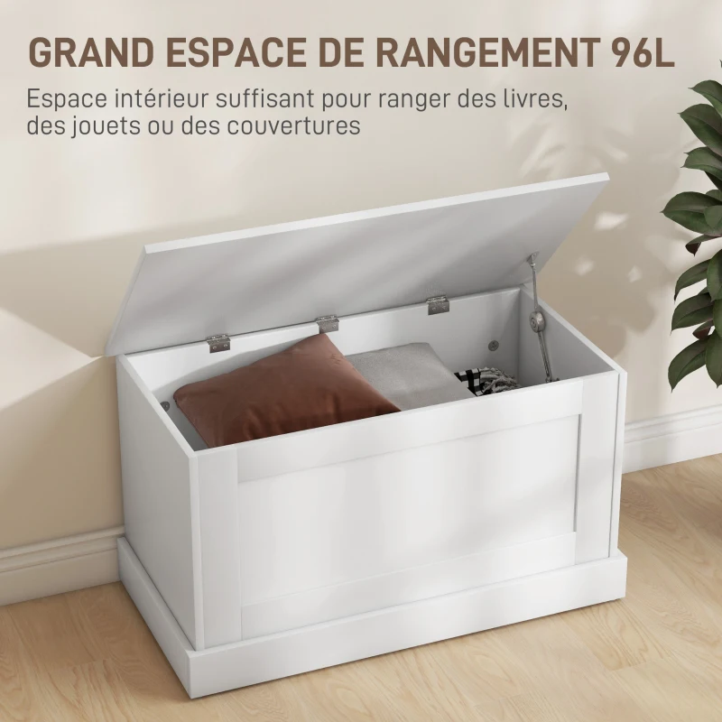 HOMCOM Coffre de rangement, coffre à jouets, avec charnière de sécurité, pour salon, en bois, 80 x 40 x 45 cm, blanc