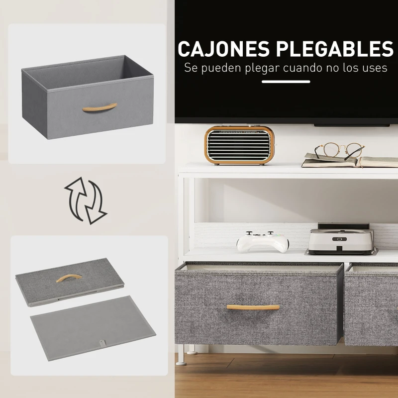 HOMCOM Mueble de TV con Estante y 2 Cajones de Tela Plegables para Televisores hasta 47 Pulgadas Largo de 98 cm Blanco y Gris