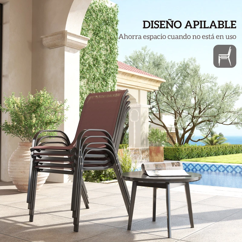 Outsunny Set de 4 Sillas de Exterior Apilables Asiento de Malla Respaldo Alto y Marco de Acero para Jardín Marrón Oscuro y Negro