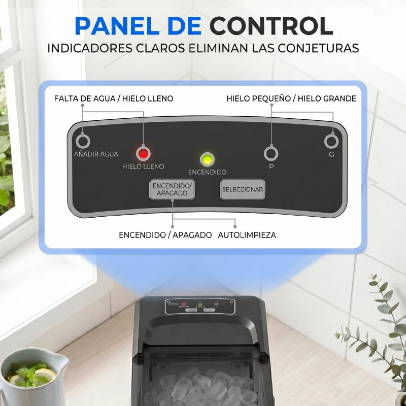 HOMCOM Máquina de Cubitos de Hielo Autolimpiable 12 kg/24H 9 Cubitos Listos en 7 Minutos 2 Tamaños de Hielo 1,5L Depósito Azul