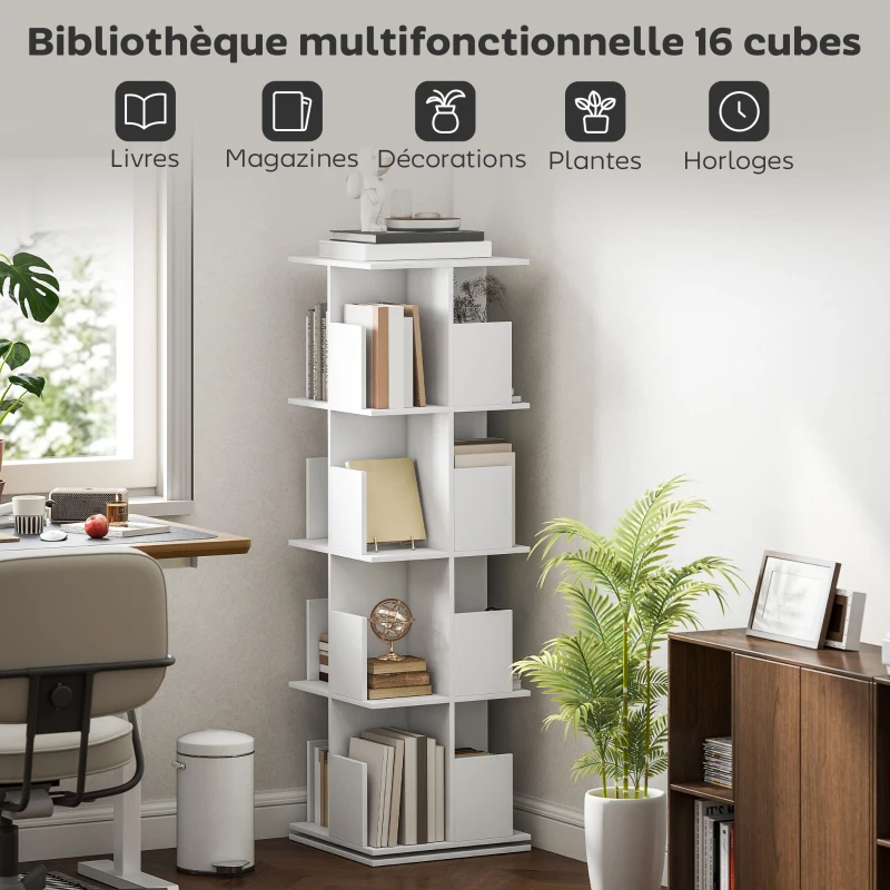 HOMCOM Bibliothèque rotative à 4 niveaux, étagère rangement avec 16 compartiments, 39 x 39 x 128,3 cm, blanc