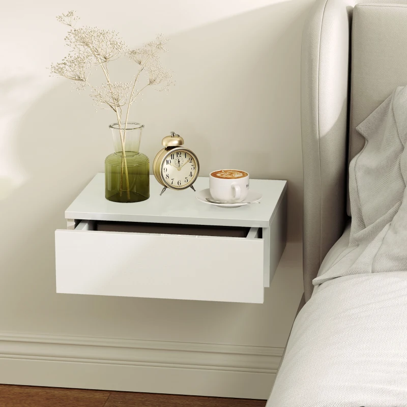 HOMCOM 2er-Set Nachttische, wandmontiertes Design, Schublade, für Schlafzimmer, Spanplatte, Weiß