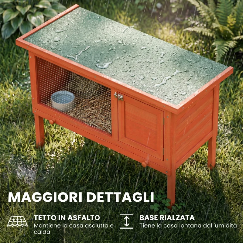 PawHut Conigliera da Esterno in Legno di Pino con Vassoio Estraibile, Tetto Apribile e Porta con Serratura, Arancione