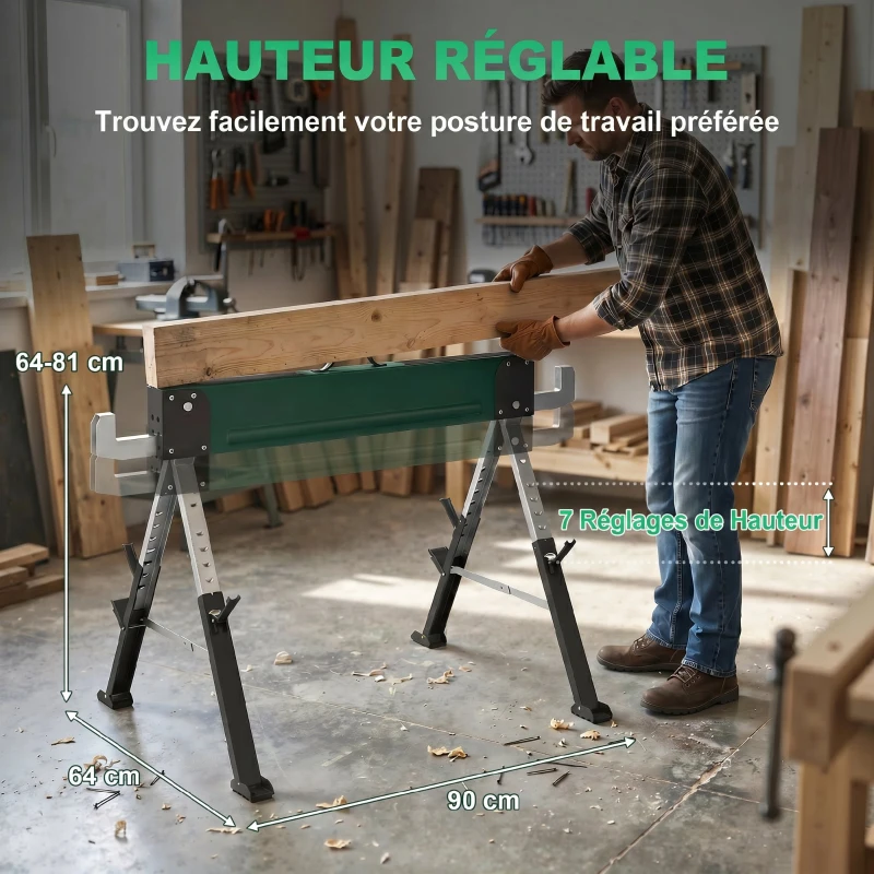 HOMCOM lot de 2 tréteaux pliables en métal, charge max 1160 kg, hauteur réglable 64-81cm, poignée de transport, vert