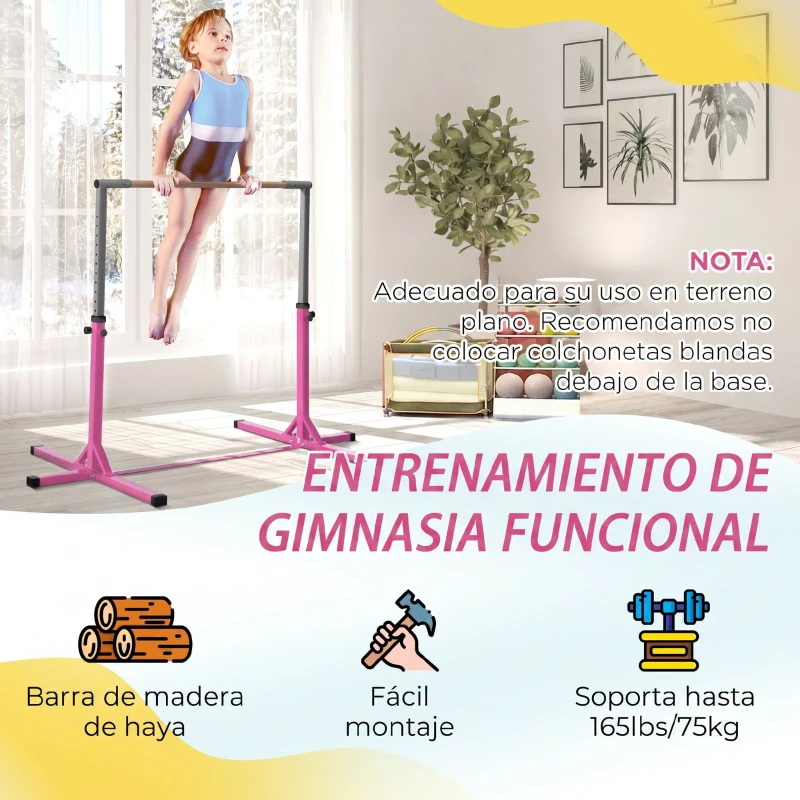 HOMCOM Barra de Gimnasia para Niños de +3 Años Barra de Entrenamiento Altura Ajustable 92-150 cm Carga 75 kg 194x121x150cm Rosa