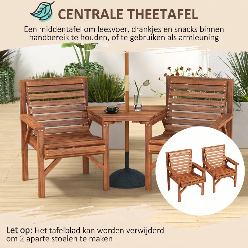 Outsunny Bistro-set 3-delig van hout, weerbestendig tuinmeubelset met lamellenontwerp en parasolgat Verkoold