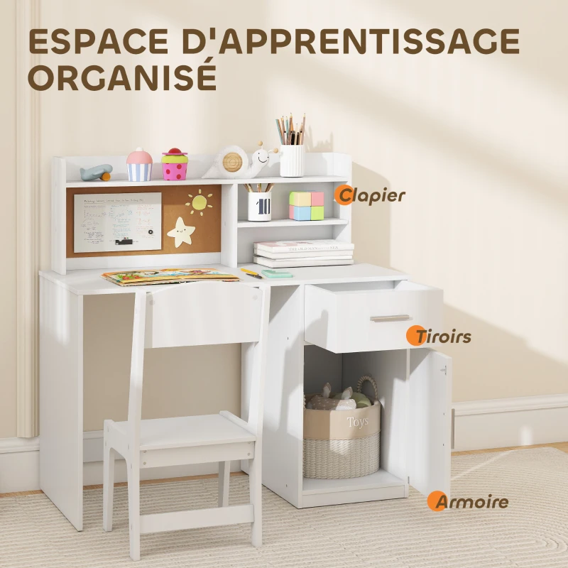 AIYAPLAY Bureau enfant avec chaise, table enfant et chaise, tiroir, placard, compartiments ouverts, tableau en liège, blanc