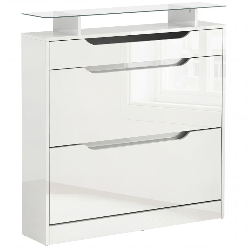 HOMCOM Armoire à Chaussures avec 2 Tiroirs Rabattables + 1 Tiroir Coulissant + 1 Comptoir et 1 Plateau en Verre Étagère Réglable sur 2 Niveaux 89 x 23 x 96 cm blanc