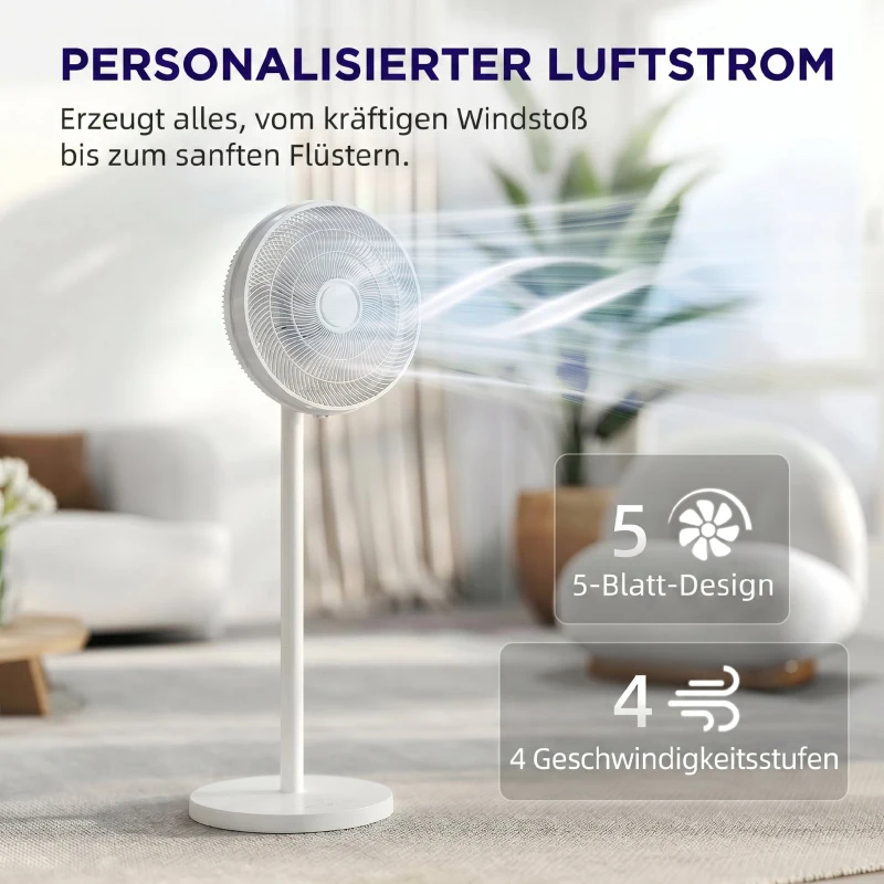 HOMCOM Ventilator de Podea cu Telecomandă, Reglabil pe Înălțime, 4 Viteze, Oscilație 80°, Timer 10 Ore, Alb, Ø40x90.5-118.5Î cm