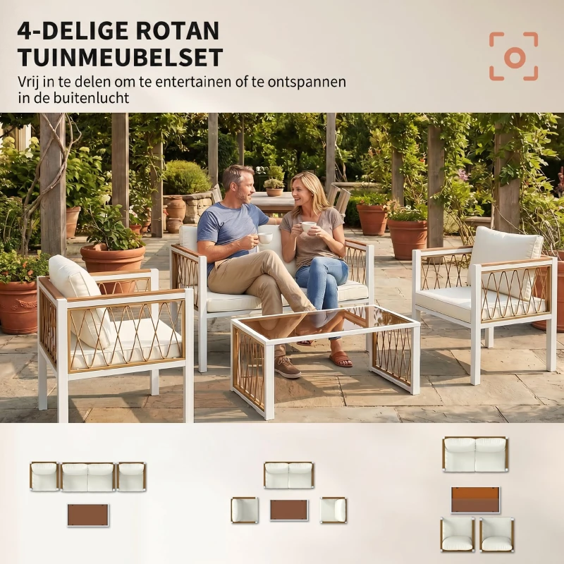Outsunny Tuinmeubelset 4-delig polyrattan loungeset met tweezitsbank, 2 stoelen, glazen tafel, afneembare kussens en antislipmatten