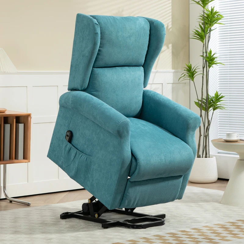 HOMCOM Fauteuil électrique releveur dossier inclinable avec repose-pied télécommande et pochette tissu aspect lin bleu