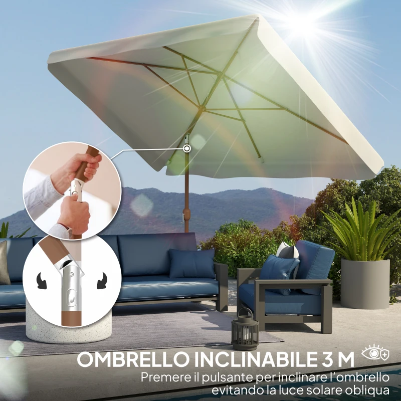 Outsunny Ombrellone Rettangolare da Giardino 2x3 m con Manovella, in Metallo e Poliestere, Crema