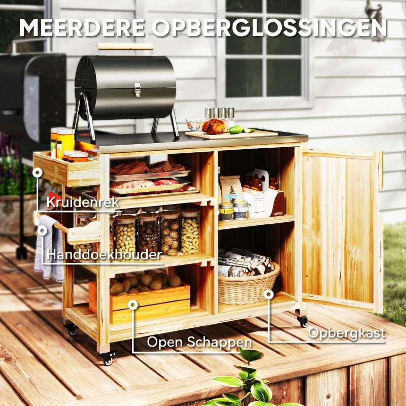 Outsunny Buitenkeuken Eiland, Grillwagen met Kast en Planken, Keukentrolley van Hout en Roestvrijstaal, Met Wielen, Natuurhout