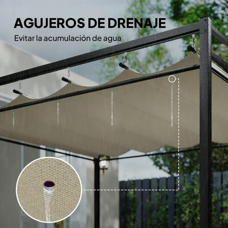 Outsunny Pérgola de Jardín 3x3 m con Techo Retráctil y Cortinas Protección UV30+ Estructura Metálica para Patio Terraza Beige