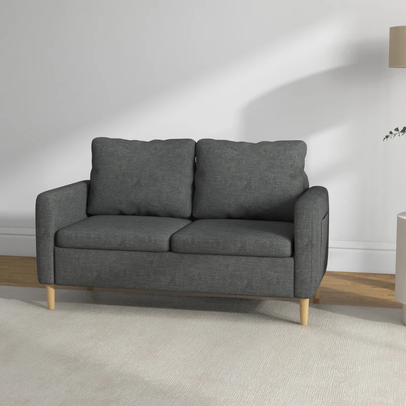 HOMCOM Canapé 2 places style contemporain pochettes sur les accoudoirs pieds en bois revêtement tissu aspect lin - gris