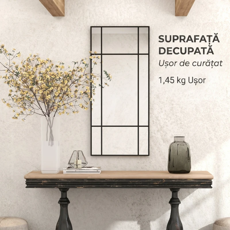 HOMCOM Oglindă de Perete Stil Fereastră cu Montaj Vertical și Orizontal, 110x50cm, Negru