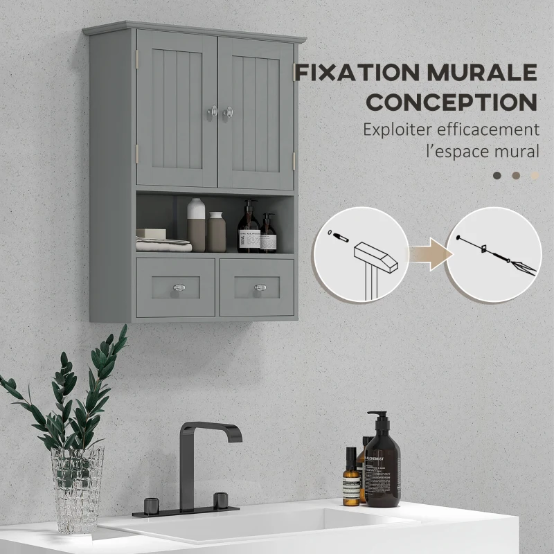kleankin Armoire murale de salle de bain, armoire de toilette, avec portes, étagère, 2 tiroirs, 50,8l x 17,8P x 66H cm, gris