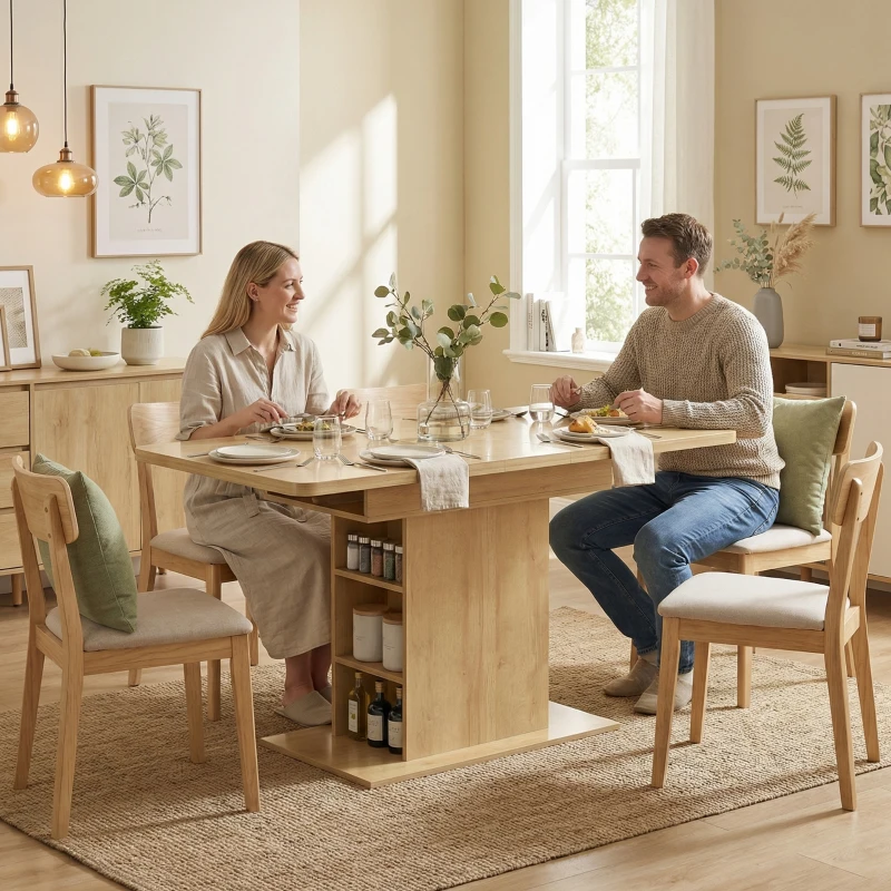 HOMCOM Table à manger extensible rectangle pour 4 à 6 personnes, table de cuisine 110-130 cm, 6 étagères ouvertes, bois naturel