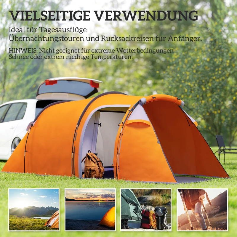 Outsunny Tunnelzelt für 2-3 Personen, Campingzelt mit Vorraum Lampenhaken 2000mm Wassersäule Orange