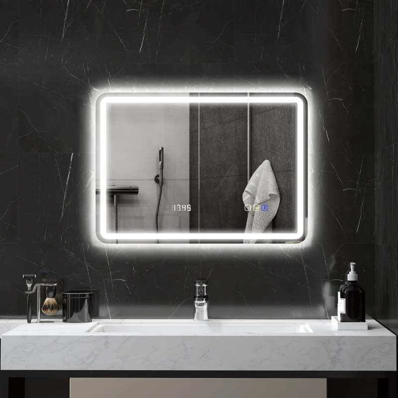 HOMCOM Miroir salle de bain Bluetooth avec éclairage LED 50 x 70 cm, miroir lumineux mural avec horloge, antibuée, argenté