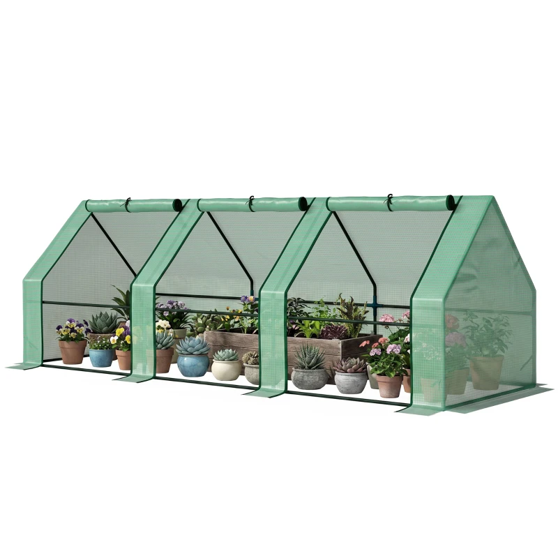 Outsunny Mini Serre de Jardin mini serre tunnel 270L x 90l x 90H cm cm toit pointu Acier PE Haute densité 140 g/m² Anti-UV 3 fenêtres avec Zip enroulables Vert