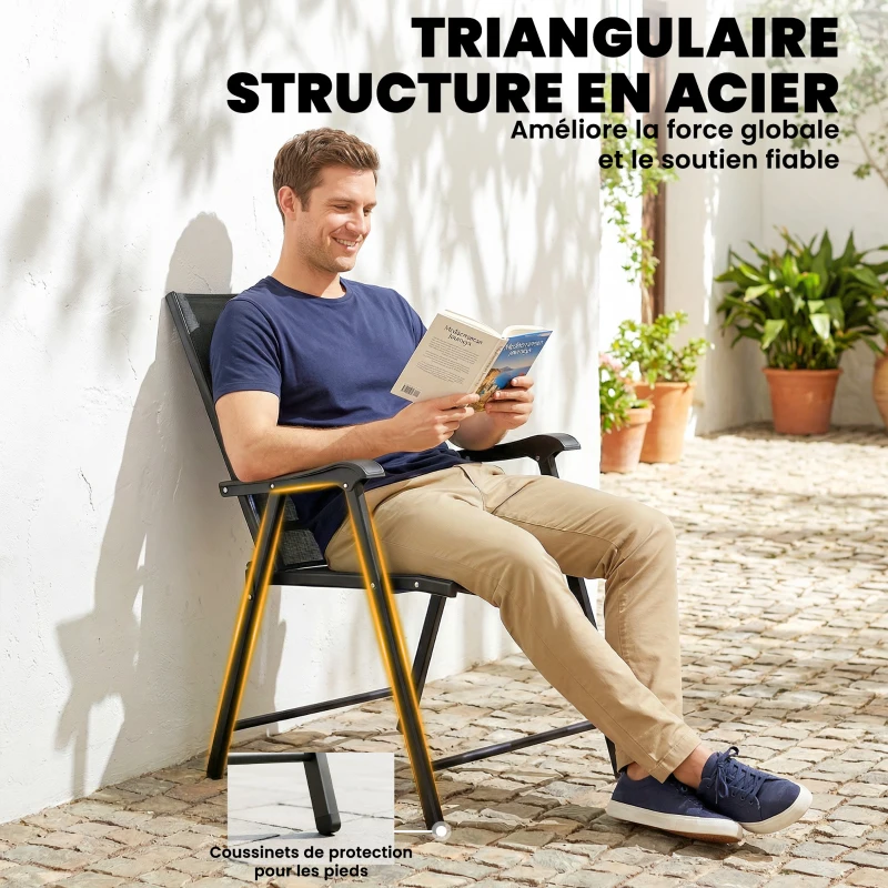 Outsunny Lot de 4 Chaises de Jardin Pliantes Structure Acier Robuste sans Montage Dossier Haut Ergonomique 58x62x97cm Noir