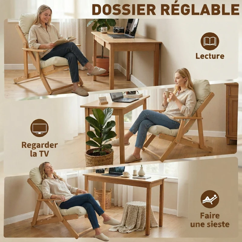 HOMCOM Fauteuil Chaise de Salon Pliable et inclinable en Bois Fauteuil Relax Confortable avec Coussin capitonné épais