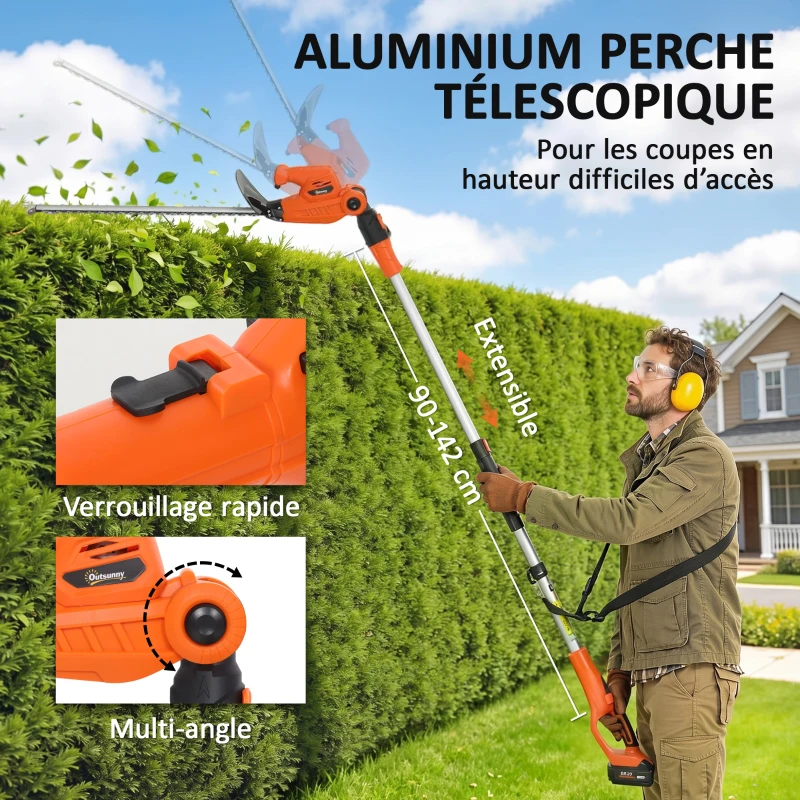 Outsunny Taille-Haies Électrique avec Manche Télescopique Lame 51 cm 2 Batteries 4,0 Ah  112,5x15x14,5cm, Orange