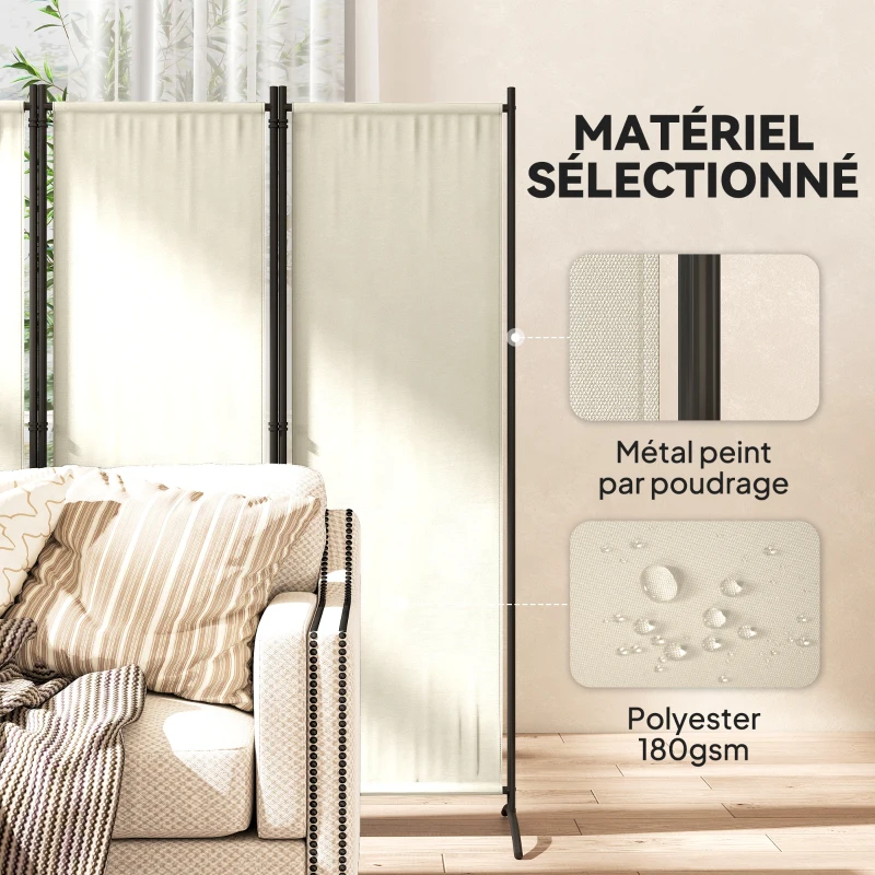 Outsunny Paravent 221 x 172 cm paravent de jardin à 4 panneaux avec pieds larges en tissu polyester de 180 g/m² crème