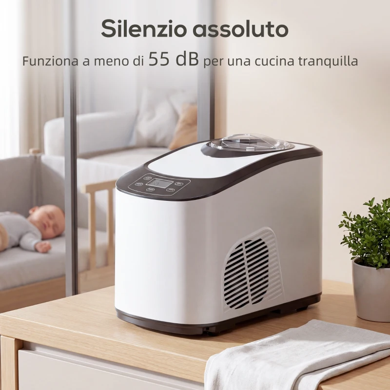 HOMCOM Gelatiera con Compressore Integrato 1.5L, Modalità Morbida e Dura, Funzione Auto-Mantenimento al Freddo, Bianca