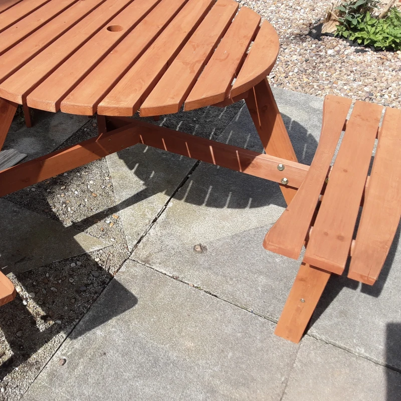 Outsunny Wooden Garden Dining Set, 6 Seater Round Dining Picnic Table with Matching Bench, Garden Furniture Set with Parasol Hole for Outdoor Patio Party and Family Gatherings, Brownish Red