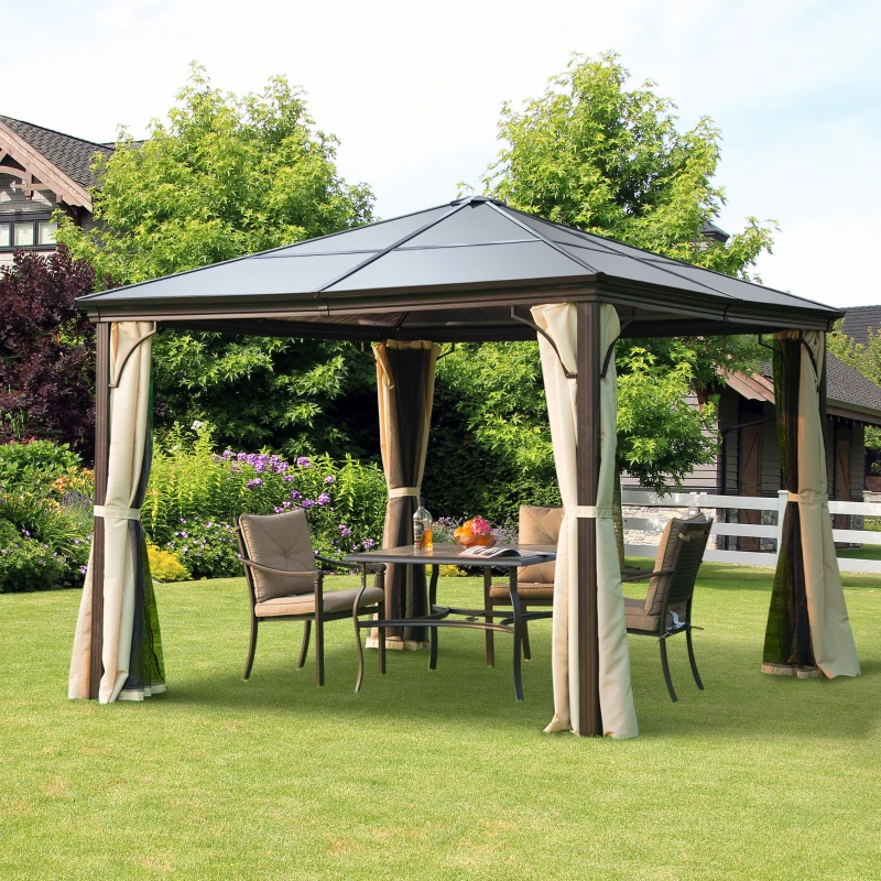 Outsunny Tonnelle pavillon de jardin imperméable 4 parois latérales anti-UV 4 moustiquaires panneaux polycarbonate alu 3L x 3l x 2,6H m chocolat beige