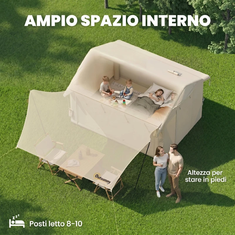 Outsunny Tenda da Campeggio Gonfiabile con Pompa, Impermeabile 3000mm e Antivento, Cachi