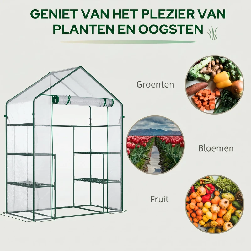 Outsunny foliekas inloop tuinhuis tomatenkas kas koudframe met 6 planken transparant staal PVC kunststof 142 x 73 x 195 cm