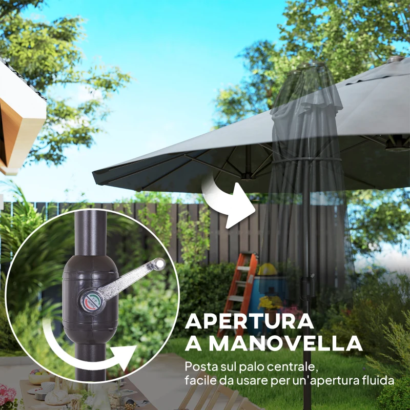 Outsunny Ombrellone Doppio a 12 Stecche con Base a Croce e Manovella, in Acciaio e Poliestere, 455x265x238 cm, Grigio