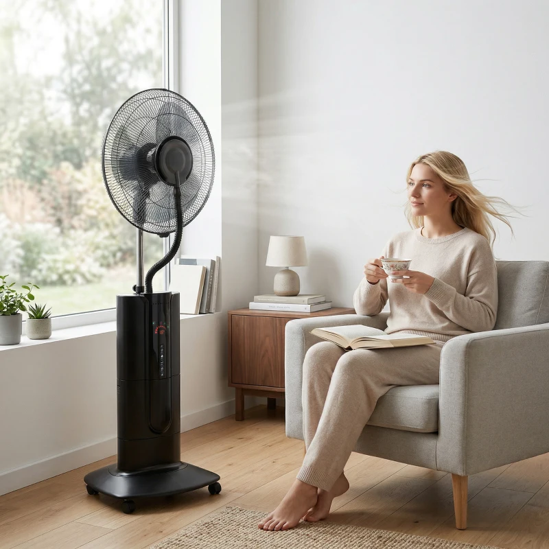 HOMCOM Ventilateur brumisateur 100 W à ionisation négative, ventilateur sur pied 130 cm, 3 vitesses, 3 modes, minuterie, noir