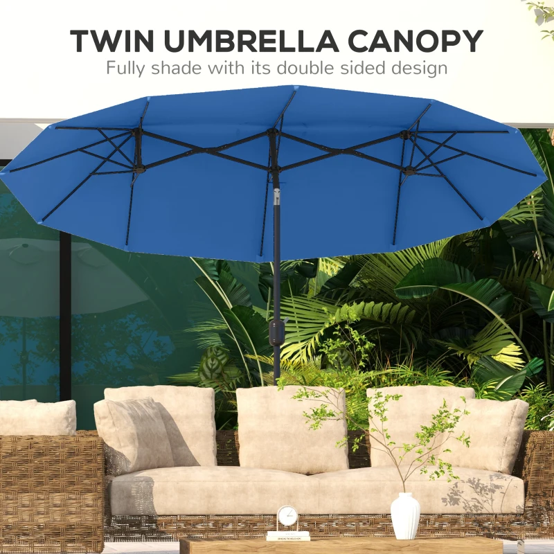 Outsunny Parasol ogrodowy, podwójny, regulowany, z korbką, daszkiem wentylacyjnym, poliester + stal, granatowy, 285 x 147 cm