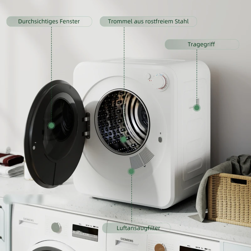 HOMCOM Mini Wäschetrockner 4 kg mit 5 Programme bis zu 60℃ 800W/400W Ablufttrockner mit Edelstahltrommel Weiß