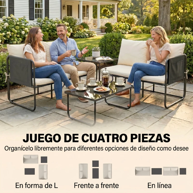 Outsunny Conjunto Jardín Exterior de 4 Piezas con 2 Sofás 2 Plazas 2 Mesas de Vidrio Cojines Fundas Extraíbles y Bolsillos Caqui