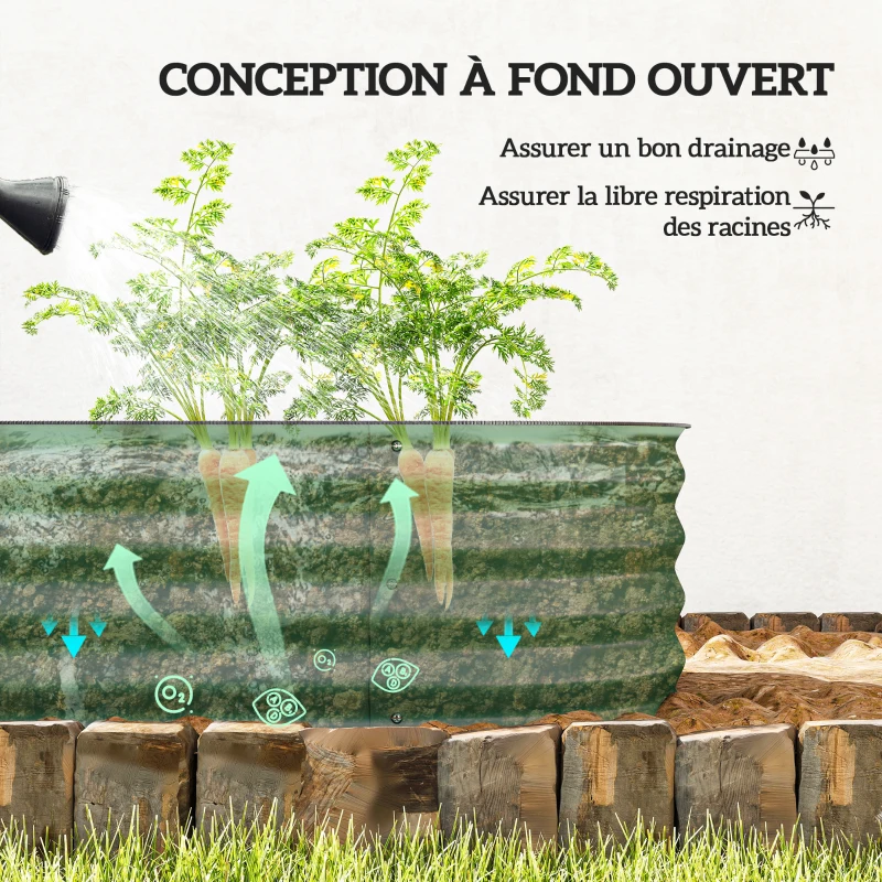 Outsunny Jardinière surélevée carré potager de jardin en acier modulable légumes, plantes, fleurs, dim. 195 x 62 x 30 cm vert