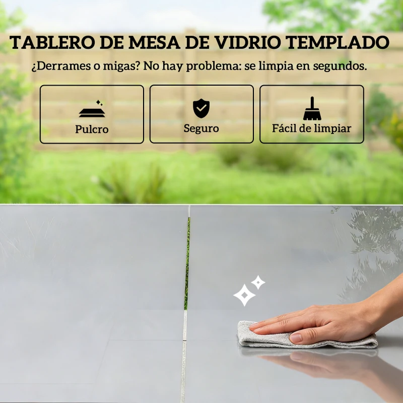 Outsunny Conjunto de Mesa y Sillas Jardín con Mesa de Vidrio Templado y 6 Sillas Transpirables para Terraza Patio Blanco y Gris