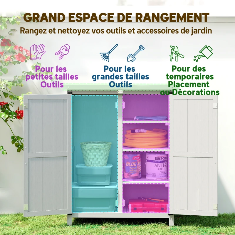 Outsunny Abri de jardin armoire de jardin 3 étagères 2 portes toit en tôle galvanisé étanche bois massif 75 x 40 x 90 cm gris