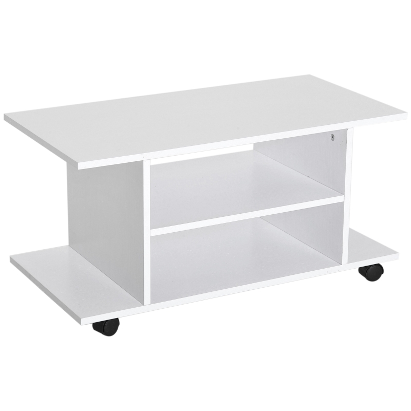 HOMCOM TV Unit for 42-inch TVs, Movable TV Table with Storage Shelves, TV Bench with Wheels for Bedroom, Living Room, White